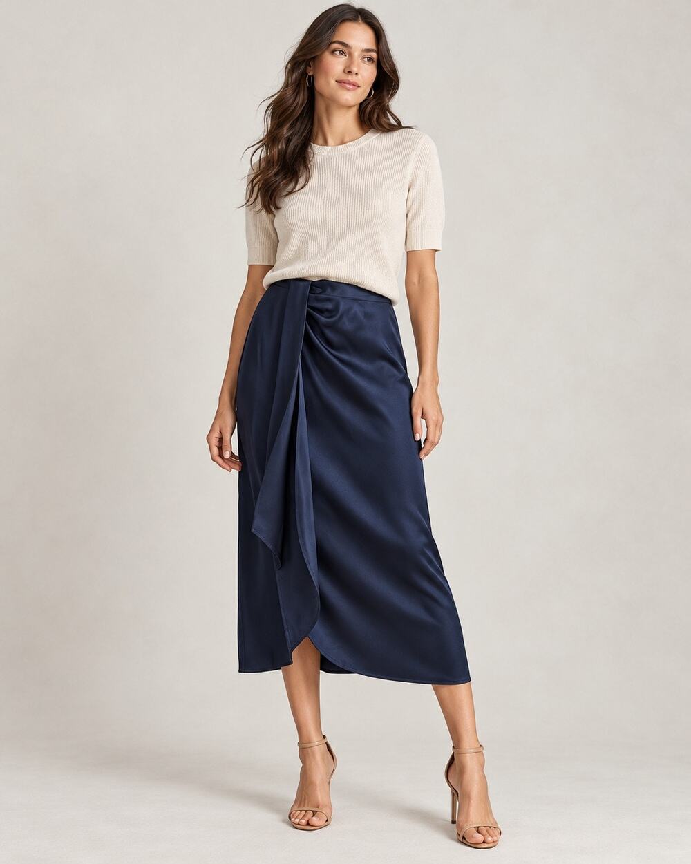 REISS Bella Navy Satin Wrap Midi Skirt Size US 6